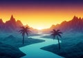 River flows from the horizon, flanked by two stylized palm trees Royalty Free Stock Photo