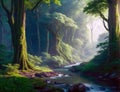 A river flows through the landscape in an enchanted forest Royalty Free Stock Photo