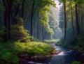 A river flows through the landscape in an enchanted forest Royalty Free Stock Photo