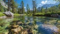 River flows through lush forest with mountains in background Royalty Free Stock Photo