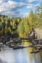 The river flows among the rocks and forest of the taiga