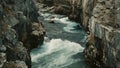 A river flows through a rocky canyon, with a towering cliff standing next to it, Raging river carving its way through a rocky