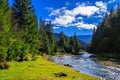 River flows by rocky shore near the autumn mountain forest Royalty Free Stock Photo