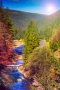 River flows by rocky shore near the autumn mountain forest Royalty Free Stock Photo