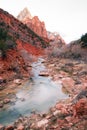 River Flows Sunrise Glow Rocky Butte Zion National Park