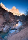 River Flows Sunrise Glow Rocky Butte Zion National Park