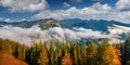 River of fog floving on the mountain valley. Bright summer scene of Snidavka village. Royalty Free Stock Photo