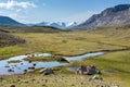 River and foot bridge. Tien Shan, Kyrgyzstan