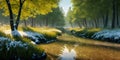 River in the forest in the early morning. Landscape with river and trees. Beautyful background. Generative AI technology