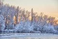 River with frozen banks and trees. Small waterfall in the river with ice. Snowy trees and dramatic sunset Royalty Free Stock Photo