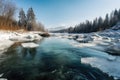 river frozen over with crystal-clear ice, surrounded by snowy landscape