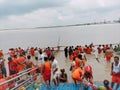 The river ganga in sultan gang bihar india . People are talking bath and get water from it