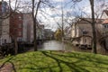 River Gera in the city of Erfurt with historic houses on the side. Thuringia. Germany