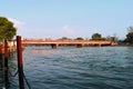 River Ghat along the holy Ganges - Ganga - with a Bridge over the River - Har ki Paudi, Haridwar, Uttarakhand, India