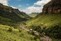 The river gorge, cliffs and mountain sides on the Thukela hike to the bottom of the Amphitheatre`s Tugela Falls