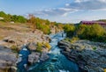 The river Gorny Tikic flows among the rocks and canyon, in a warm sunny autumn afternoon, Ukraine Royalty Free Stock Photo