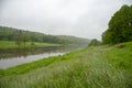 River, green banks under a gray cloudy sky Royalty Free Stock Photo