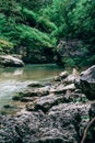 River in Guamskoe Gorge, Russia, North Caucasus, beautiful nature landscape with river among rock mountains and forest Royalty Free Stock Photo