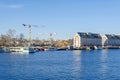 River Havel with the former storehouse of the army rations department, tourist boats and tower cranes from a newly erected