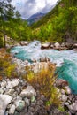 Turquoise, beautiful, mountain river. Altai, Taiga. Wild nature. Royalty Free Stock Photo