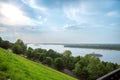 River and hill on sunny summer day landscape. Summertime landscape. Beautiful river surrounded by hills on sunny day Lush green Royalty Free Stock Photo