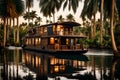 a river houseboat surrounded by palm trees