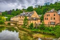 River with houses and bridges in Luxembourg, Benelux, HDR Royalty Free Stock Photo