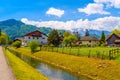 River and houses near the mountains in Vaduz, Oberland Liechtenstein Royalty Free Stock Photo