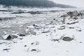 River with ice drifting and bare forest visible on other side Royalty Free Stock Photo