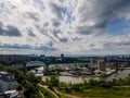 River and industrial area, with raised bridge and sunny skies