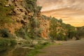 The river and the jumping of the bride in knives at sunset