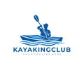 River kayaking, a guy in a kayak sails on river, logo design. Leisure kayakers touring, journey, travel and traveling, vector desi