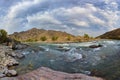 The rapid course of the river `Koksu`. Panoramic shooting. Nature `Zhetysu`, Kazakhstan.