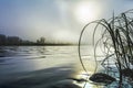 River landscape with dawn mist and morning dew selective focus Royalty Free Stock Photo