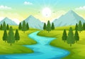 River Landscape Illustration with View Mountains, Green Fields, Trees and Forest Surrounding the Rivers in Flat Cartoon Hand Drawn