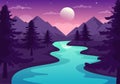 River Landscape Illustration with View Mountains, Green Fields, Trees and Forest Surrounding the Rivers in Flat Cartoon Hand Drawn