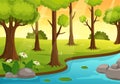 River Landscape Illustration with View Mountains, Green Fields, Trees and Forest Surrounding the Rivers in Flat Cartoon Hand Drawn