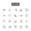 River line vector icons and signs. Stream, Brook, Waterway, Flow, Rapids, Creek, Torrent, Tributary outline vector