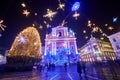 LJUBLJANA, SLOVENIA - DECEMBER 21, 2017: Advent December night with Christmas decoration lighting in Ljubljana`s city center at du Royalty Free Stock Photo