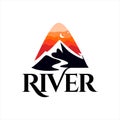 River logo simple mountain creek and sunset sky