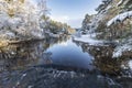 Snow clad trees and River Luineag flowing into Loch Morlich in the Cairngorms National Park of Scotland.