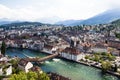 River in luzern wooden bridge and rooftops Royalty Free Stock Photo