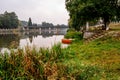 River Luznice, bank,boat and bridge in Kolodeje nad Luznici Royalty Free Stock Photo