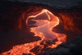 River of magma in a cave full of lava