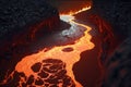 River of magma in a cave full of lava