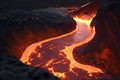 River of magma in a cave full of lava