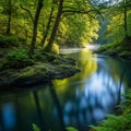 River meanders through a lush forest surrounded by verdant trees Royalty Free Stock Photo