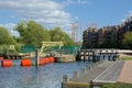 River Medway, lock, gas holder. Tonbridge, Kent, UK