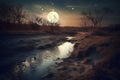 The river with the moon. Bizarre landscape conceptual visual art natural fantasy art.