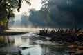 River in the morning mist. Beautiful landscape of river and forest. Generative AI